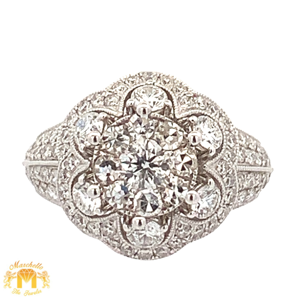 14k White Gold and Diamond Flower Shaped Ring with Round Diamonds