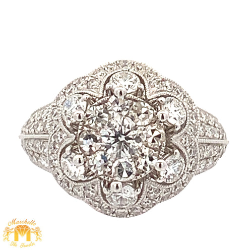 14k White Gold and Diamond Flower Shaped Ring with Round Diamonds