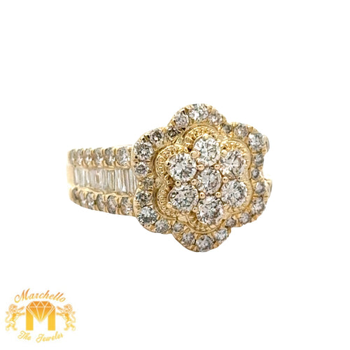 14k Yellow Gold and Diamond Ladies`Flower Ring with Baguette and Round Diamonds