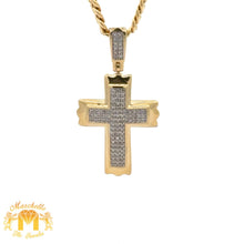 Load image into Gallery viewer, Yellow Gold and Diamond Cross Pendant with Round Diamonds and Yellow Gold Cuban Link Chain