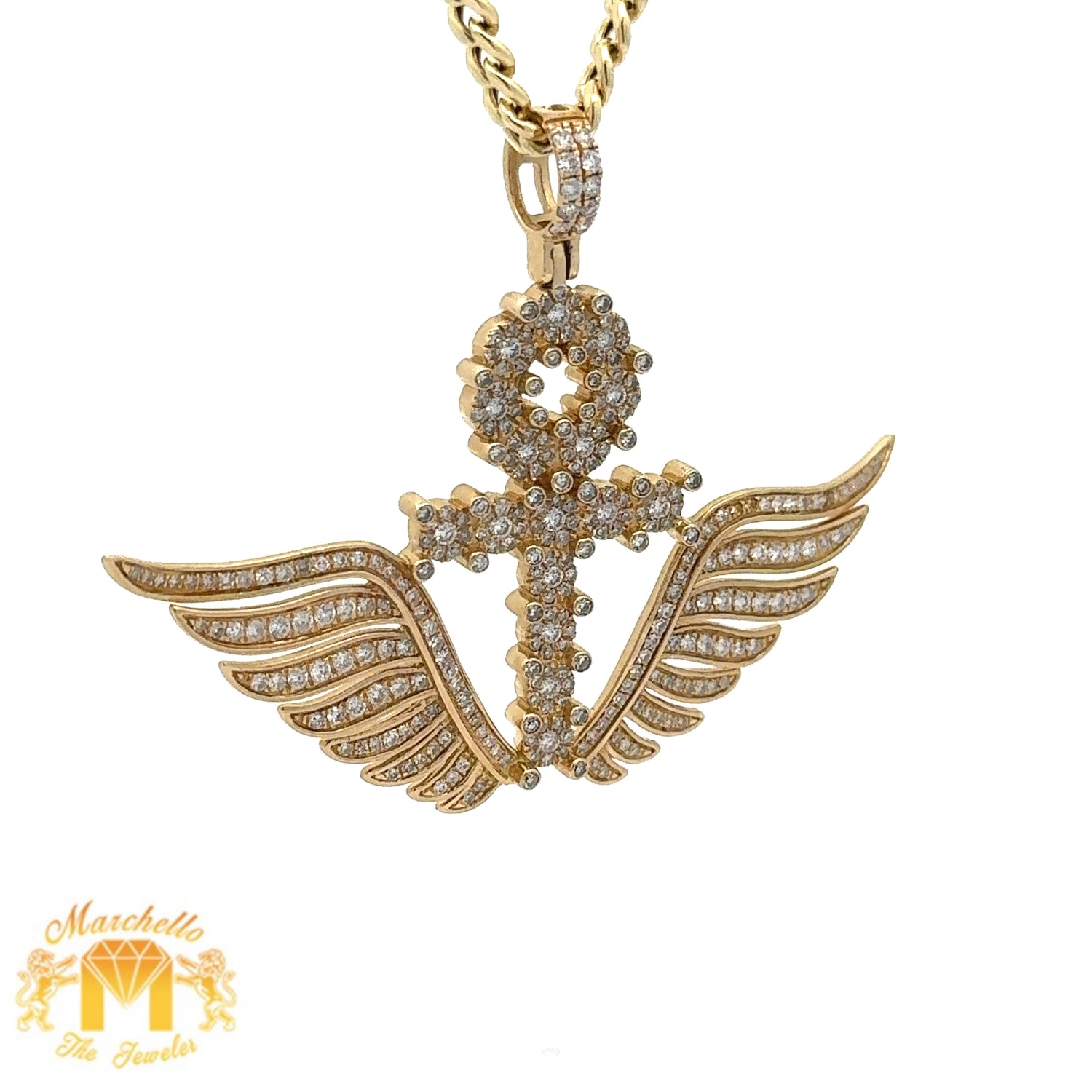 14k Yellow Gold and Diamond Ankh Pendant with Round Diamonds and Yellow Gold Cuban Link Chain