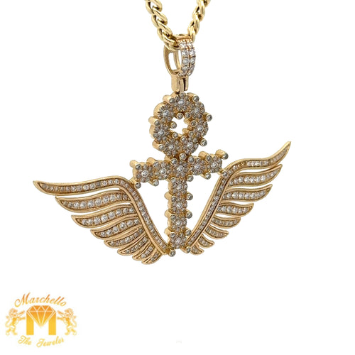 14k Yellow Gold and Diamond Ankh Pendant with Round Diamonds and Yellow Gold Cuban Link Chain