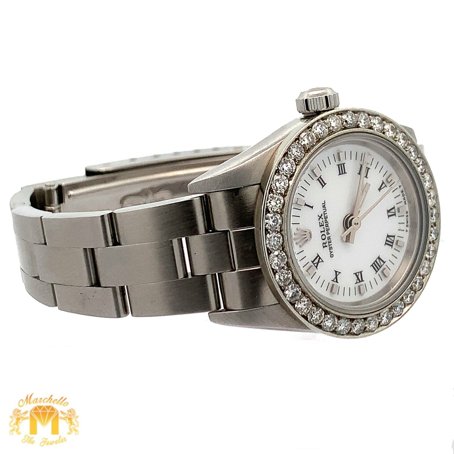 24mm Ladies` Rolex Watch with Stainless Steel Oyster Bracelet (diamond bezel, white dial)