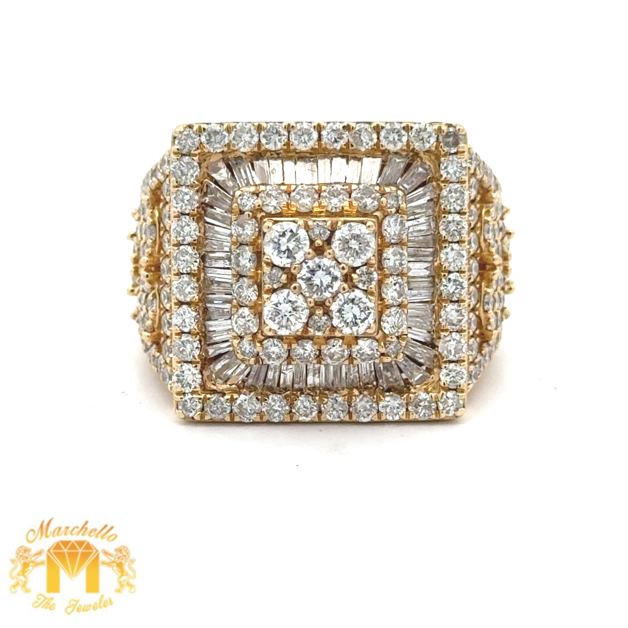 4.26ct diamonds 14k yellow gold Men`s Ring with Round and Baguette Diamonds