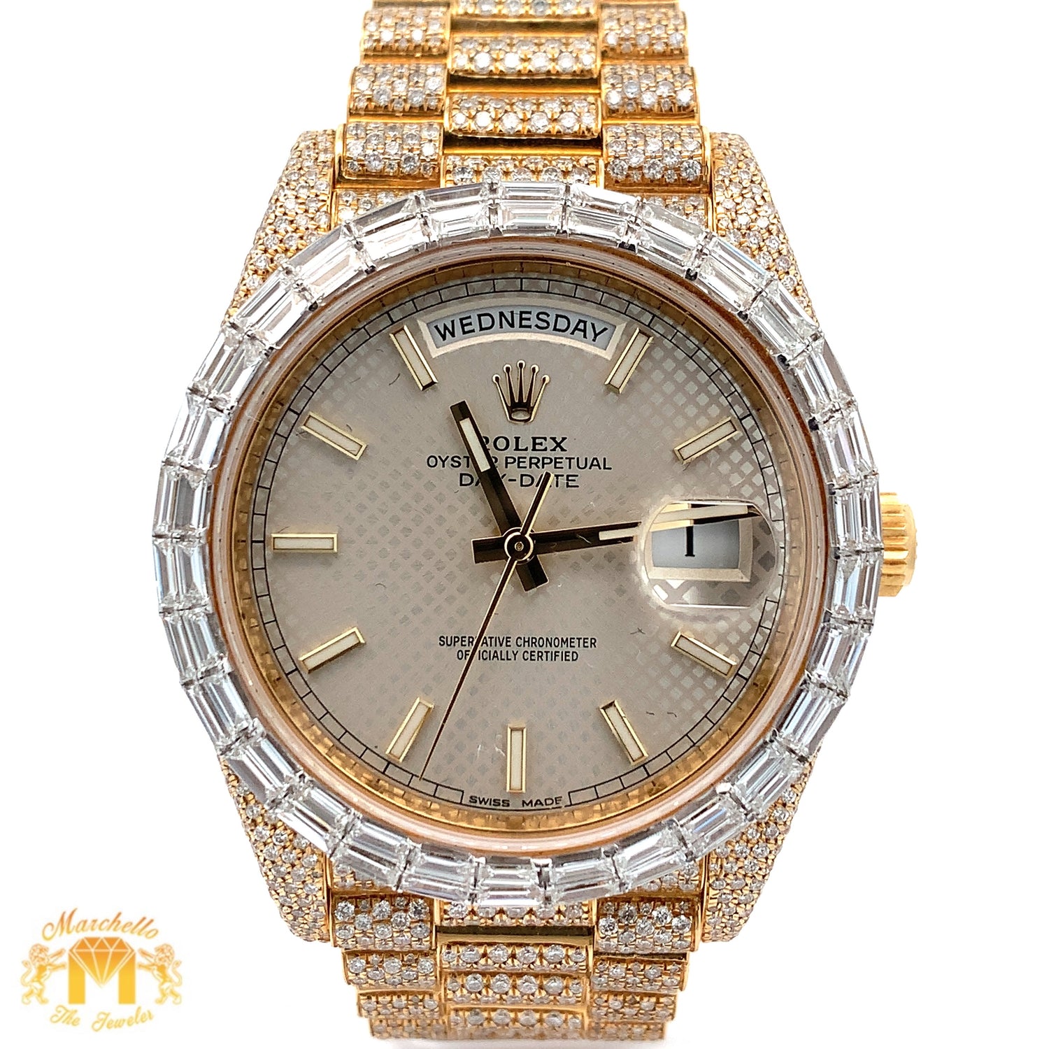 40mm Iced out 18k yellow gold  Rolex Presidential Day-Date Watch + Free Diamond Bracelet and Surprise Diamond Earrings