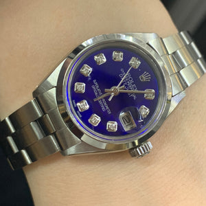 26mm Ladies`Rolex Watch with Stainless Steel Oyster Bracelet (blue mother of pearl (MOP) diamond dial, smooth bezel)