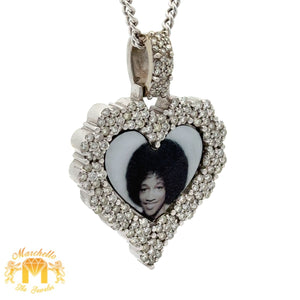 14k White Gold & Diamond Heart Shaped Picture Pendant and White Gold Cuban Link Chain