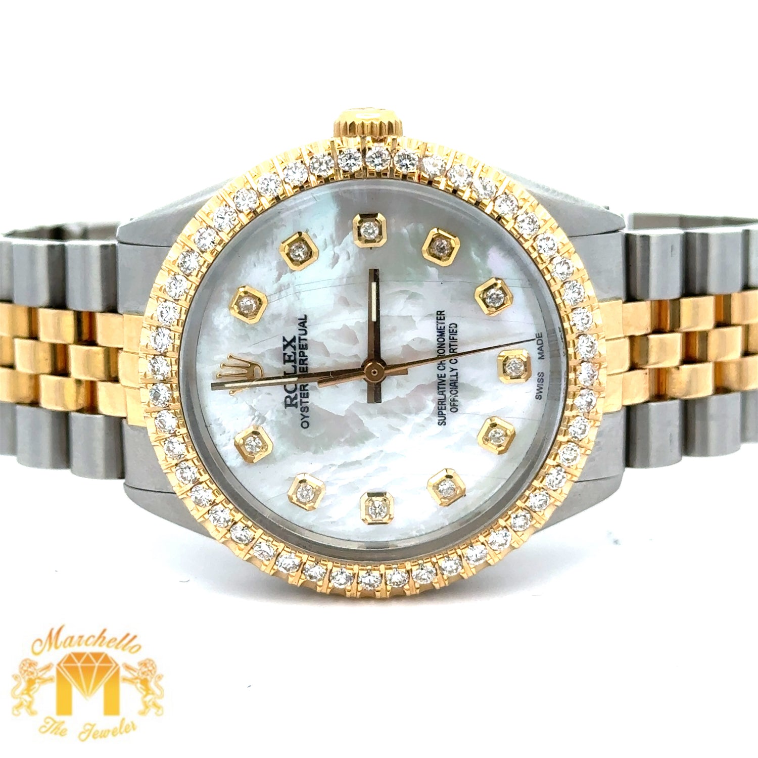 34mm Rolex Diamond Watch with Two-Tone Jubilee Bracelet (Mother of Pearl (MOP) diamond dial)