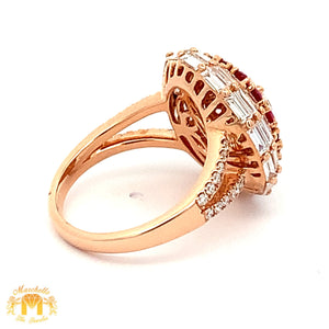 VVS/vs high clarity diamonds set in a 18k Gold Pear Cut Ruby Stone Circle Ring with Baguette and Round Diamonds