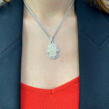 Load image into Gallery viewer, 14k two-tone: white and rose gold Hamsa Pendant and White Gold Cuban Chain