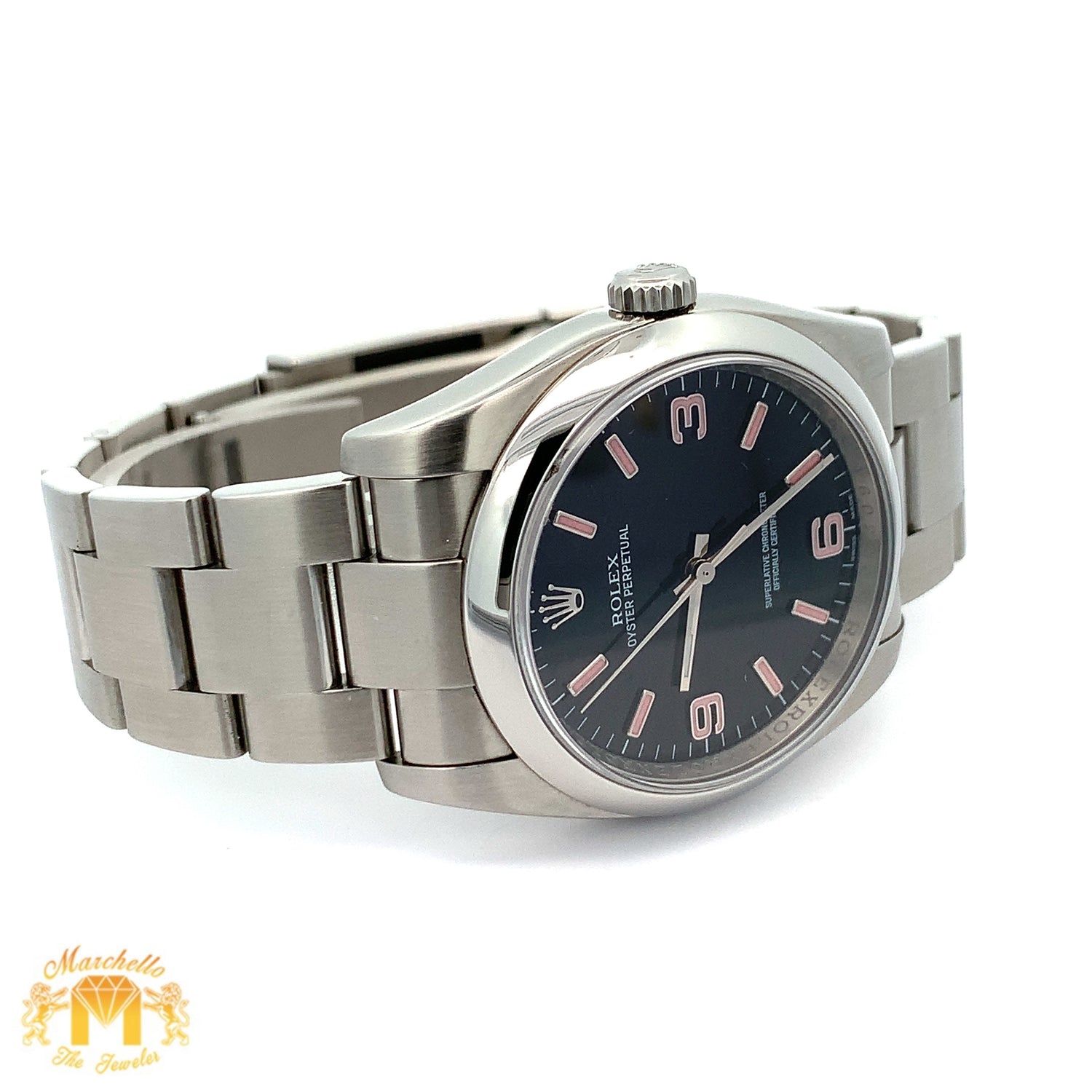 Full factory 36mm Rolex Watch with Stainless Steel Oyster Bracelet (Black dial with pink hour markers)