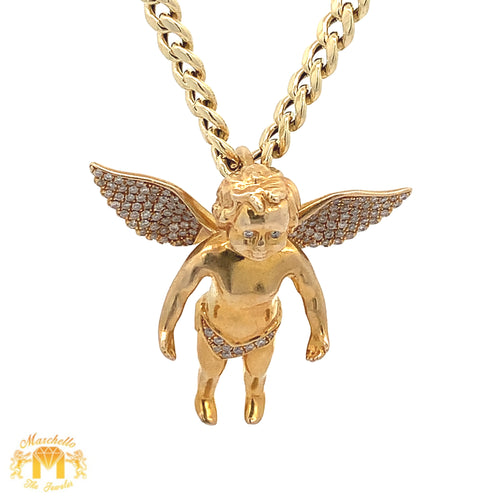 14k Yellow Gold Angel Pendant with Round Diamonds and 14k Yellow Gold Cuban Link Chain Set