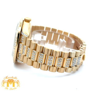 4 piece deal: 36mm 18k Gold Presidential Rolex Diamond Watch (XL Bezel measures 40mm) + 3.40ct diamonds 14k Gold Men`s Ring + 14k Gold and Diamond Earrings + Gift from MTJ