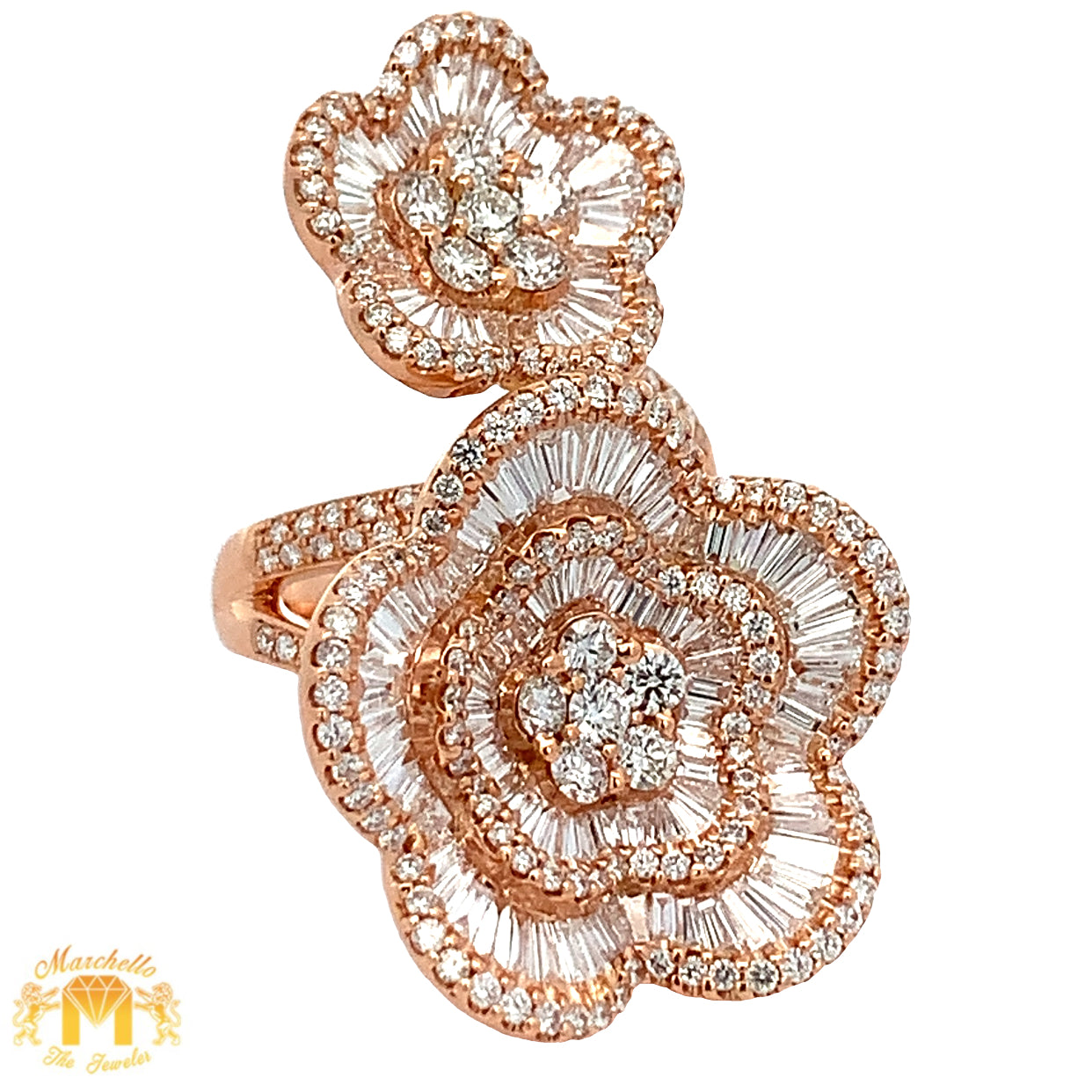 4.03ct VVS/vs high clarity diamonds set in a 18k Rose Gold Flower Ring with Round and Baguette Diamonds