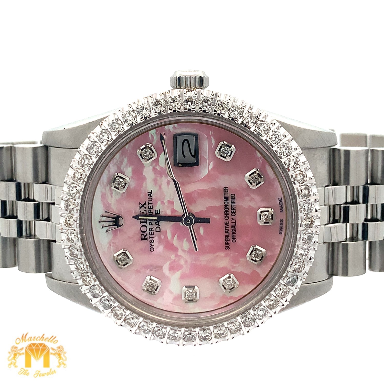 34mm Rolex Watch with Stainless Steel Jubilee Bracelet (custom diamond bezel and mother of pearl (MOP) diamond dial)