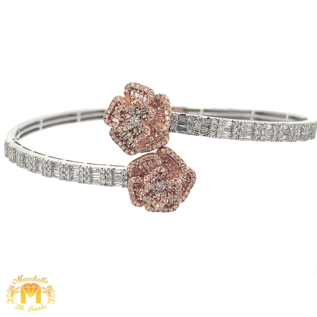 Gold and Diamond Twin Flower Bangle Bracelet with Round and Baguette Diamonds (choose your color)