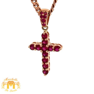 14k Rose Gold and Diamond Cross Ruby Pendant and 14k Rose Gold Cuban Link Chain Set