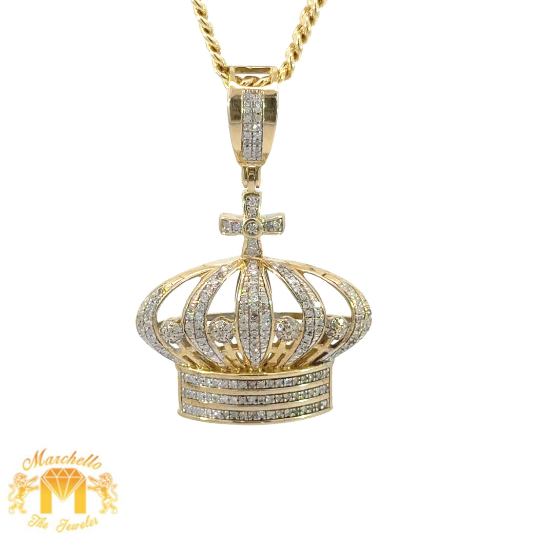 14k Yellow gold and Diamond Crown Pendant and Yellow Gold Cuban Chain