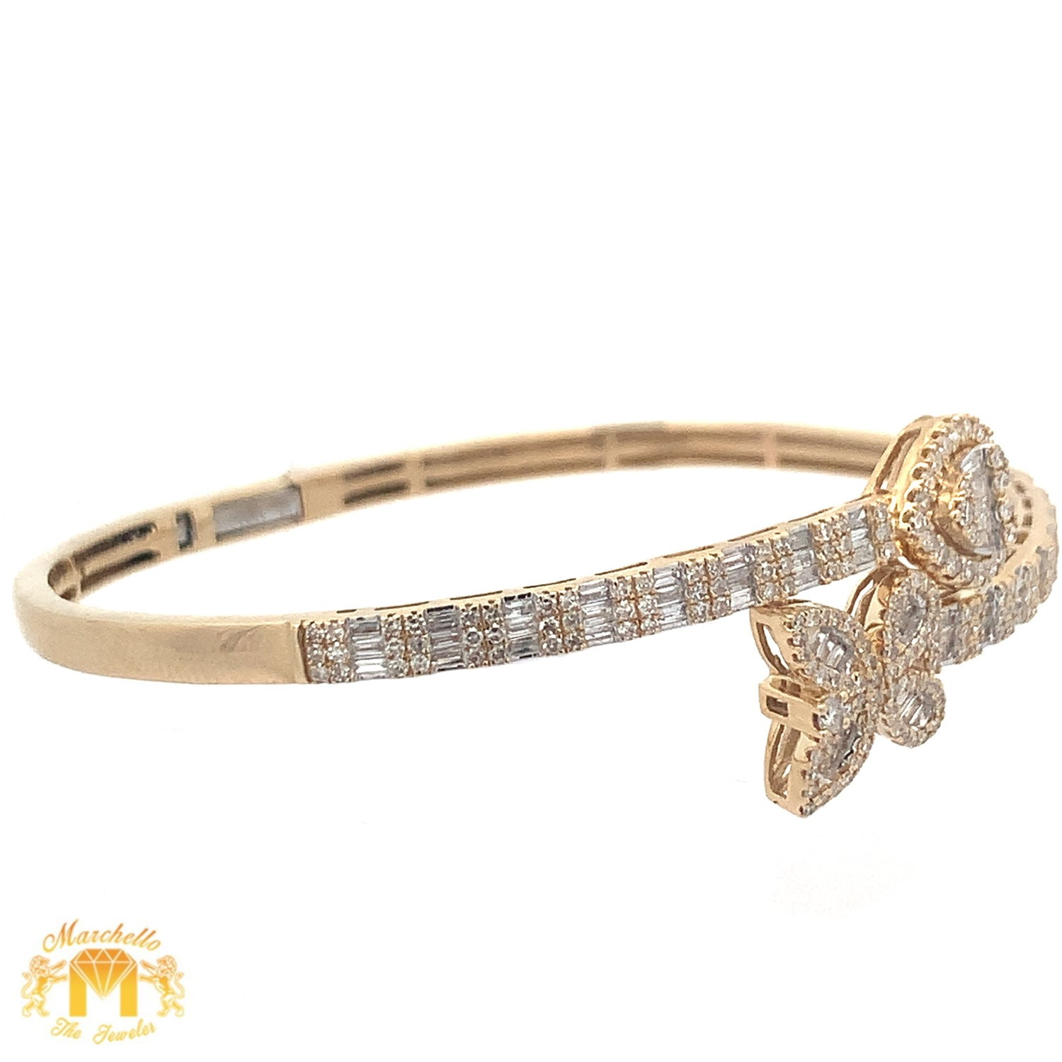 Yellow Gold and Diamond Butterfly & Heart Bangle Bracelet with Round and Baguette Diamonds
