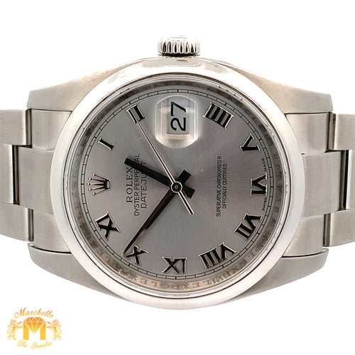 36mm Rolex Watch with Stainless Steel Oyster Bracelet (silver dial, engraved model)
