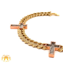 Load image into Gallery viewer, Gold and Diamond Three Cross Miami Cuban Bracelet with Baguette and Round diamonds