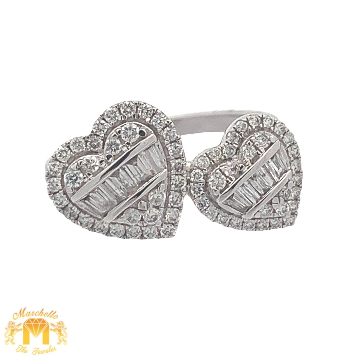 14k Gold and Diamond Twin Heart Ring with Round and Baguette Diamonds (choose your color)