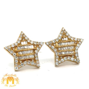 14k Yellow Gold and Diamond XL Star Earrings with Baguette and Round Diamonds