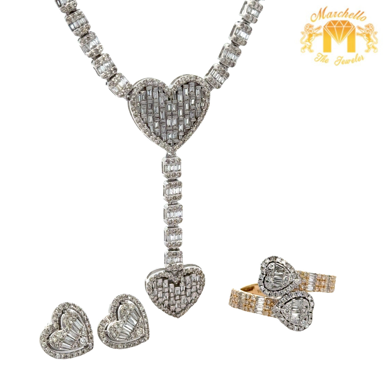 4 piece deal: Gold and Diamond Heart Shape Necklace + Ring + 14k gold and diamond Heart Earrings Set ( choose your color )