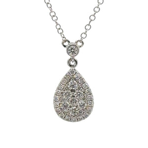 14k White Gold and Diamond Pear Shaped Necklace with Round Diamonds