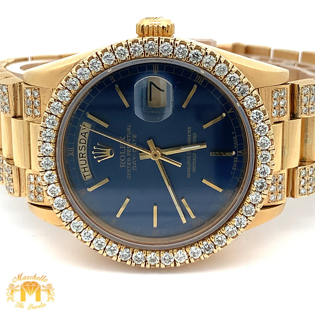 36mm 18k Yellow Gold Rolex Day-Date Diamond Watch (blue dial, quick-set)