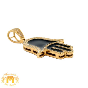 14k Yellow Gold Onyx and Diamond Hamsa Pendant and Yellow Gold Cuban Link Chain