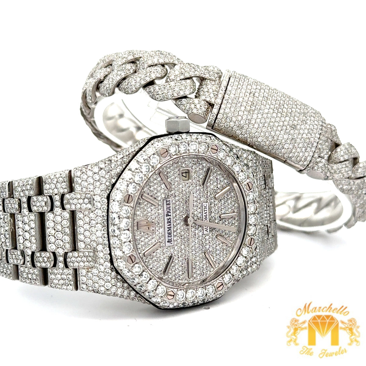 Ap Watch Set 4 piece deal: 39mm Iced out Audemars Piguet AP Watch + 14k White Gold ...