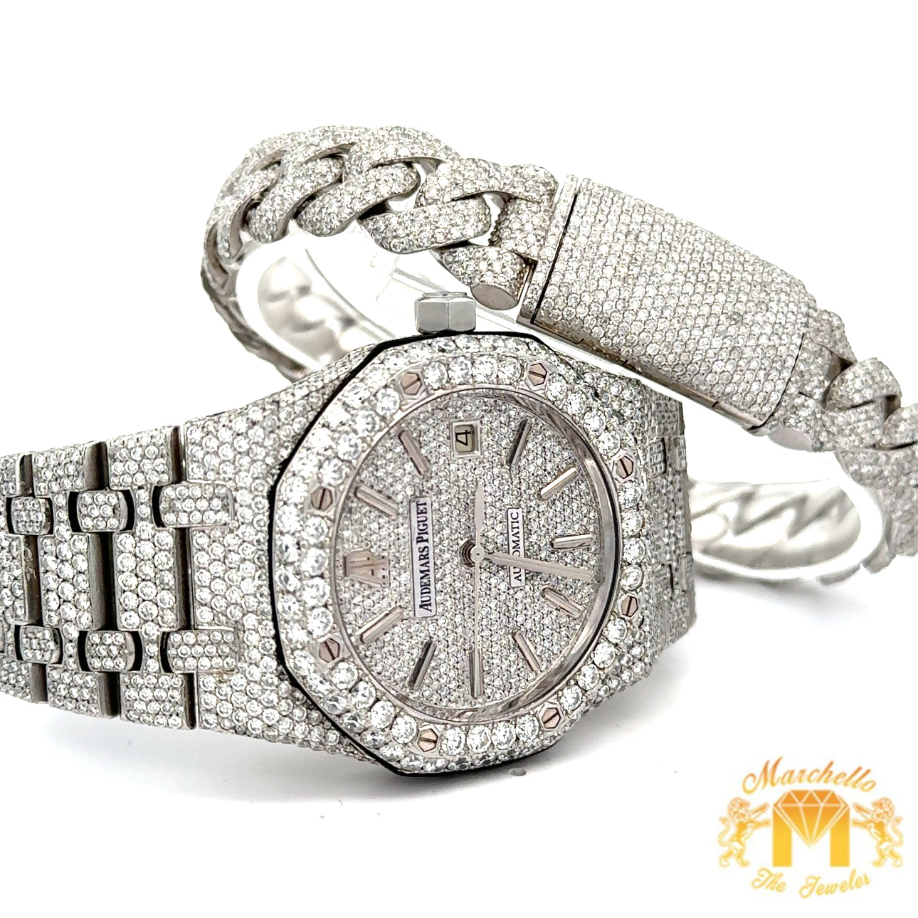 4 piece deal: 39mm Iced out Audemars Piguet AP Watch + 14k White Gold Solid and Diamond  Bracelet + Complimentary Earrings + Gift from MTJ