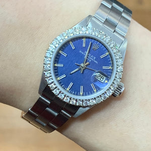 26mm Ladies`Rolex Watch with Stainless Steel Oyster Bracelet (diamond bezel, blue dial)