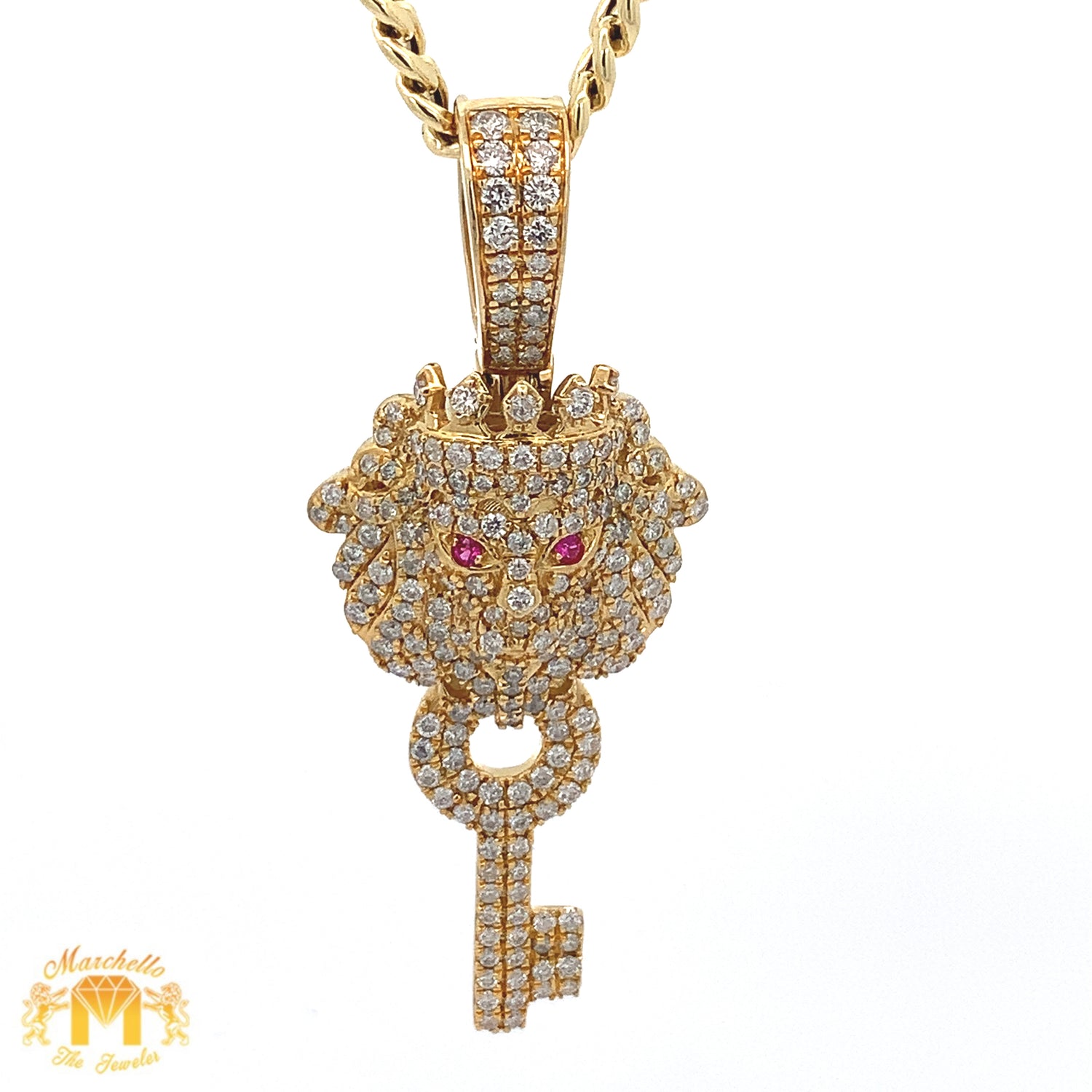 14k Yellow Gold and Diamond Key & Lion Pendant with Round Diamonds and 14k Yellow Gold Cuban Link Chain Set