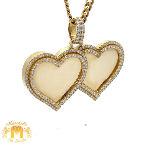 14k Gold and Diamond Twin Heart Picture Pendant and Gold Cuban Link Chain Set (choose your color)