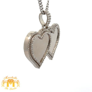 14k Gold and Diamond Twin Heart Picture Pendant and Gold Cuban Link Chain Set (choose your color)