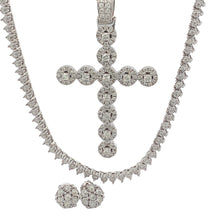 Load image into Gallery viewer, 4 piece deal: 14k Gold and Diamond Cross Pendant + Gold and Diamond Tennis Chain + Diamond Flower Earrings Set + Gift from Marchello the Jeweler(choose your color)