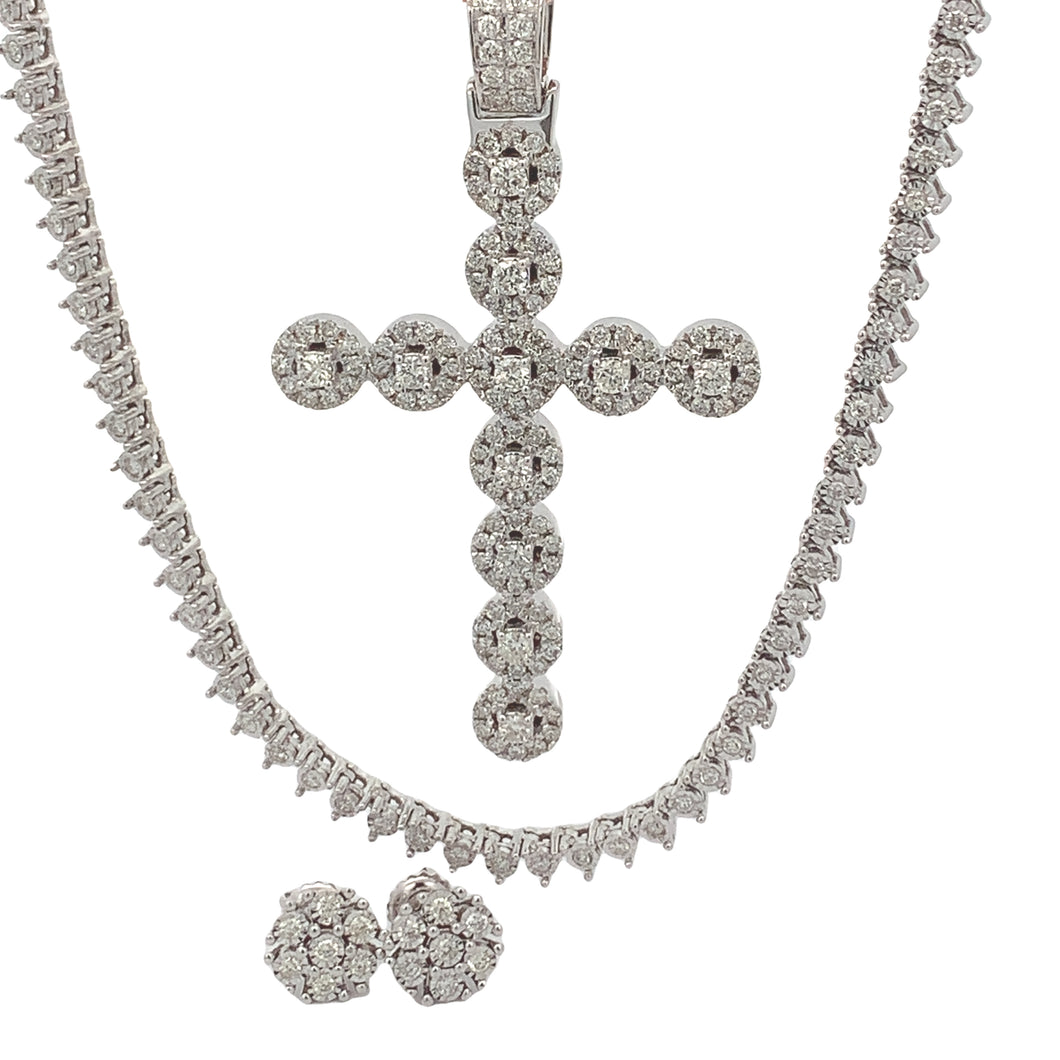 4 piece deal: 14k Gold and Diamond Cross Pendant + Gold and Diamond Tennis Chain + Diamond Flower Earrings Set + Gift from Marchello the Jeweler(choose your color)