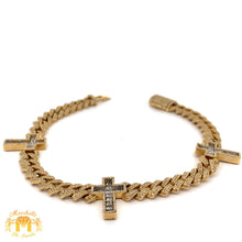 Load image into Gallery viewer, Gold and Diamond Three Cross Miami Cuban Bracelet with Baguette and Round diamonds