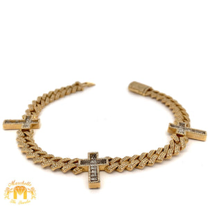 Gold and Diamond Three Cross Miami Cuban Bracelet with Baguette and Round diamonds