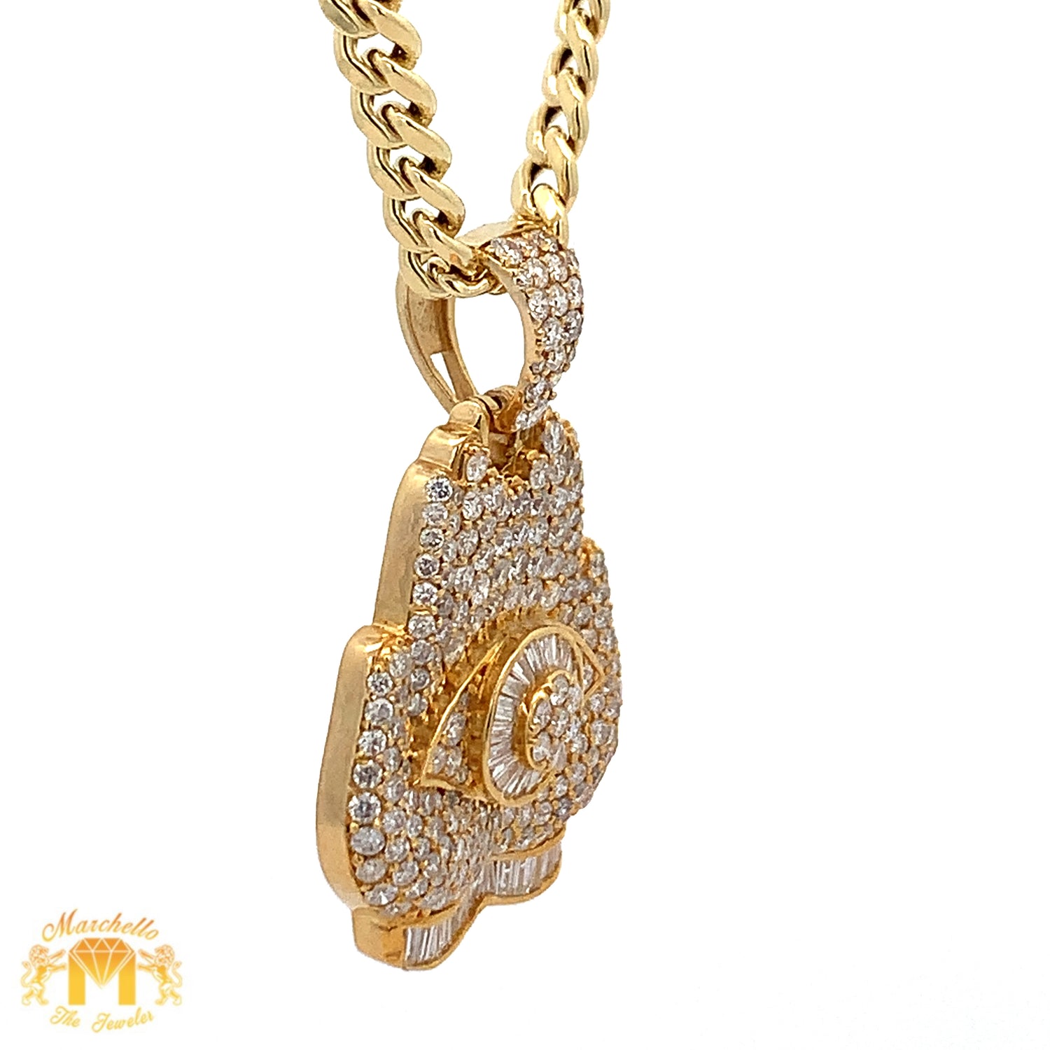 14k Yellow Gold and Diamond Praying Hand Pendant with Round and Baguette Diamonds and 14k Yellow Gold Cuban Link Chain Set