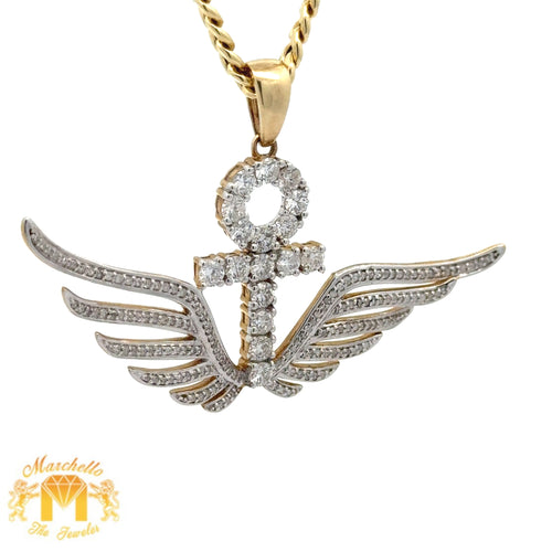 14k Gold and Diamond Ankh Pendant with Round Diamonds and Gold Cuban Link Chain Set