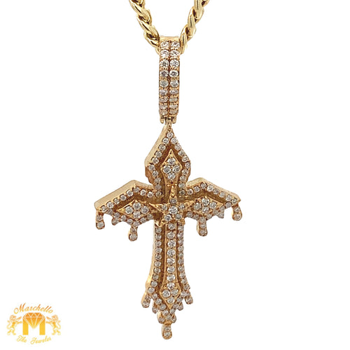 14k Yellow Gold and Diamond Cross Pendant with Round Diamonds and Yellow Gold Cuban Link Chain Set