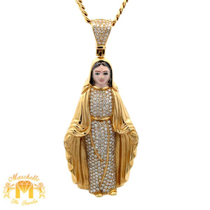 14k Yellow Gold and Diamond Mary Pendant and 14k Yellow Gold Cuban Link Chain