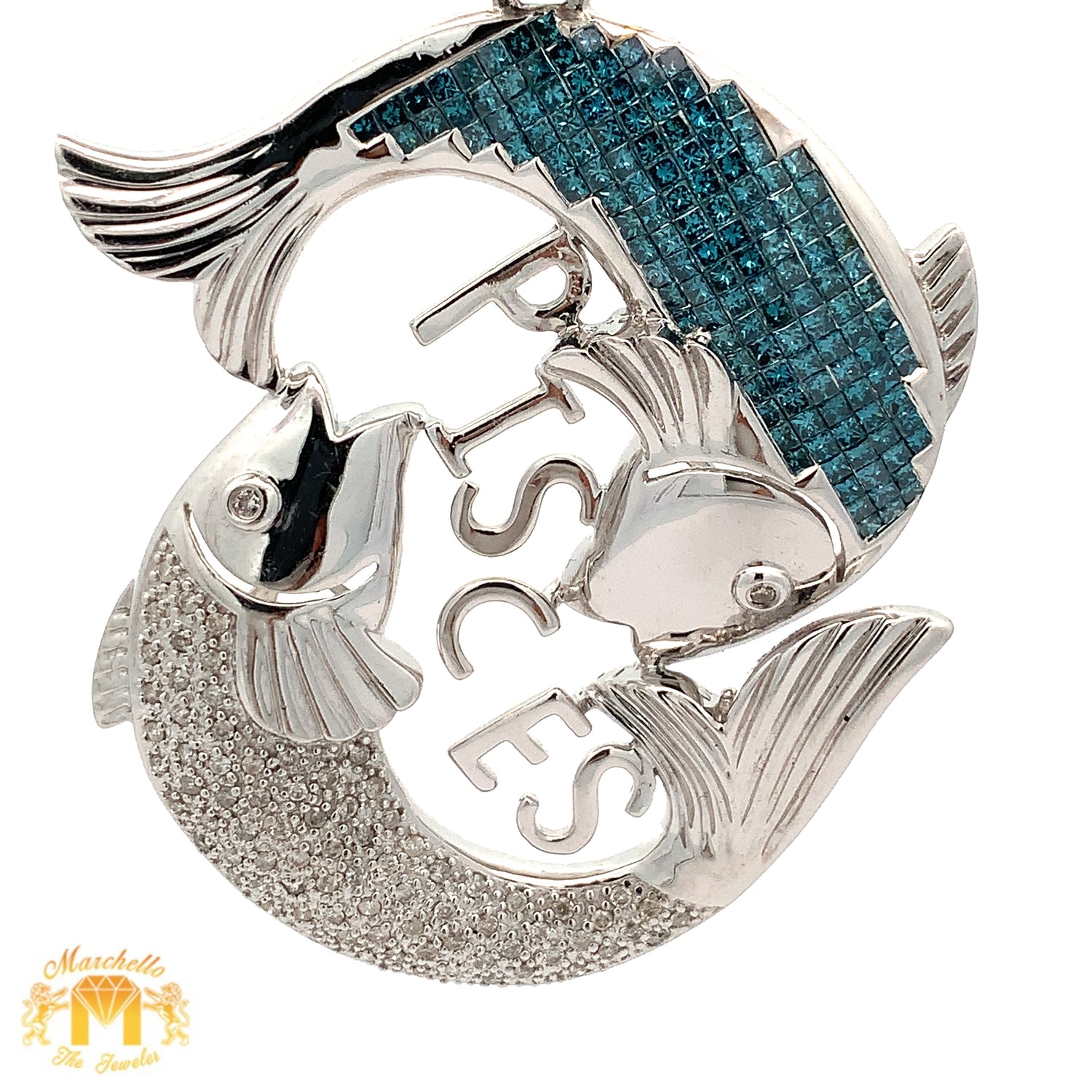 5ct Diamonds 14k White Gold Pisces Pendant with Princess Cut and Round Diamonds