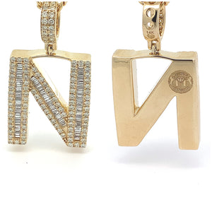 14k Yellow Gold Large Initial Pendant with Baguette and Round Diamonds ( A to Z )
