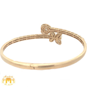 Yellow Gold and Diamond Butterfly & Heart Bangle Bracelet with Round and Baguette Diamonds
