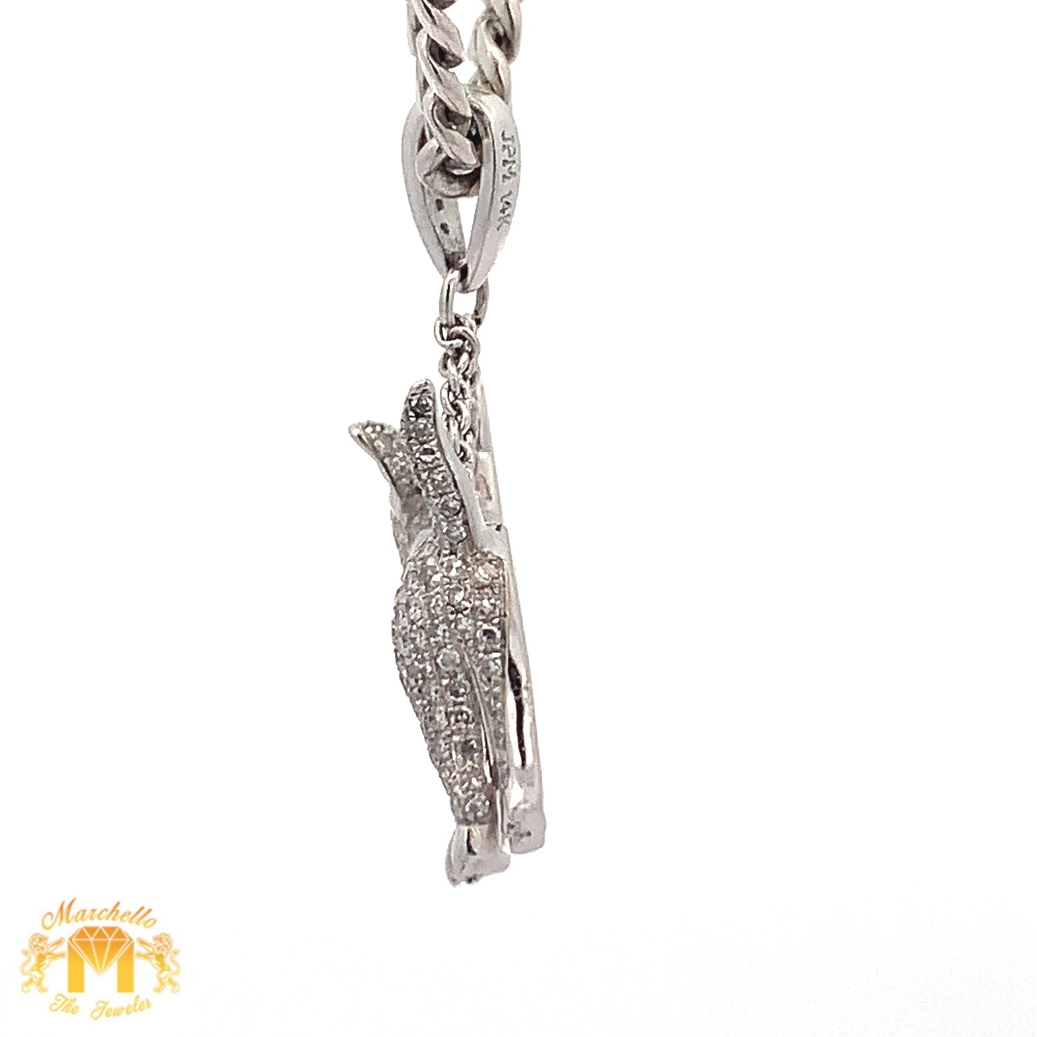 14k White Gold and Diamond Dog Pendant with Round Diamonds and 14k White Gold Cuban Link Chain Set
