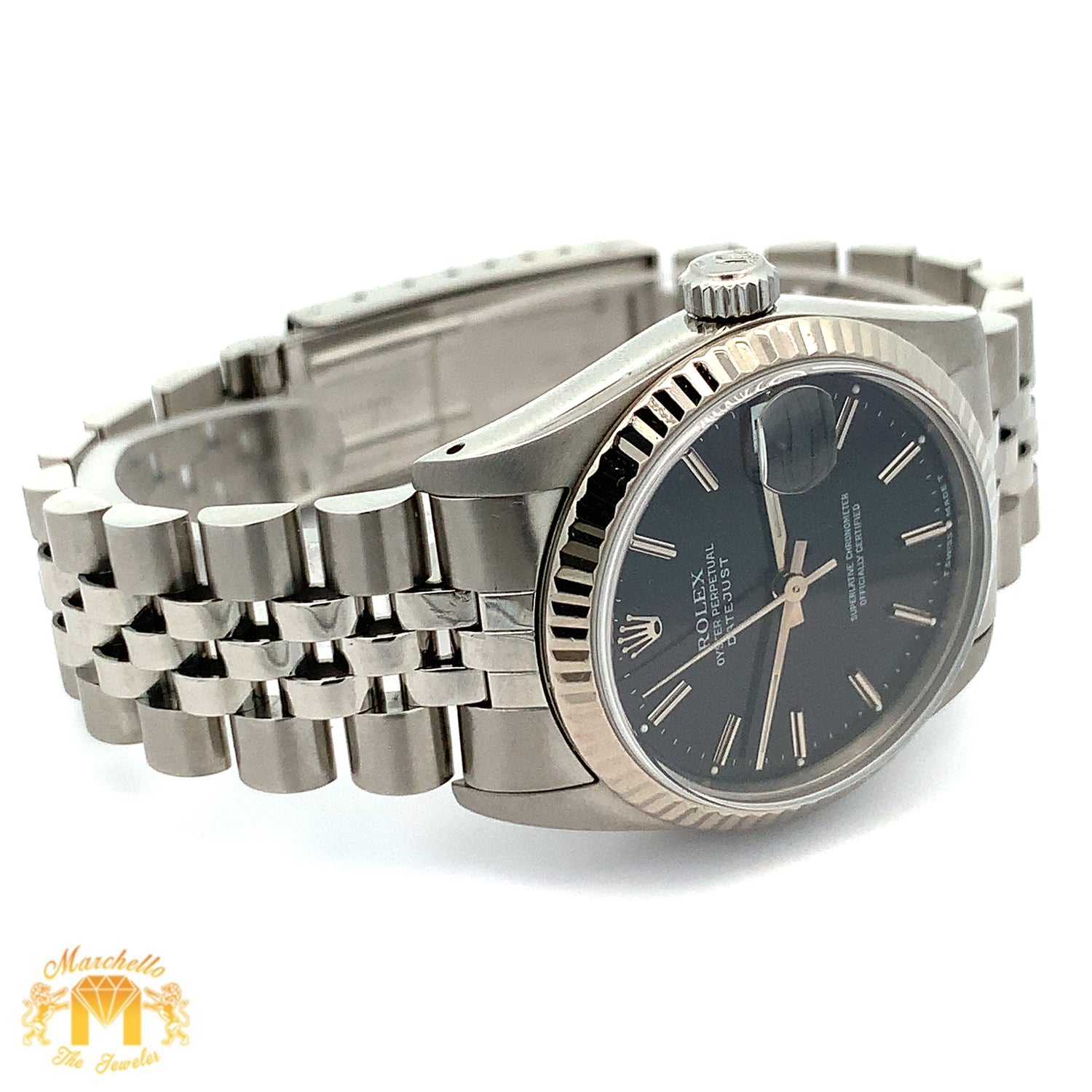 31mm Rolex Watch with Stainless Steel Jubilee Bracelet (black dial, white gold fluted bezel)
